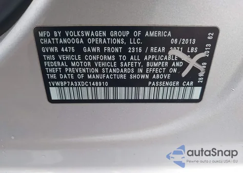 2013 Volkswagen Passat 2.5L Se из США, поврежденный, VIN 1VWBP7A3XDC148910